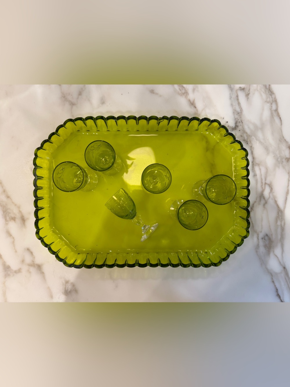 Green Glass Serving Tray and Glassware Set